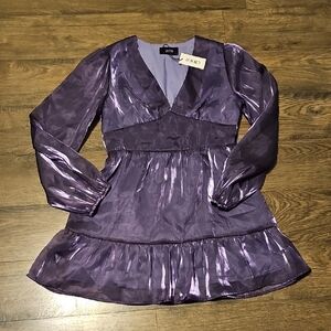 NWT Cider Satin Like Dress Long Sleeve Ruffle Lavender Party Large Women Shiny